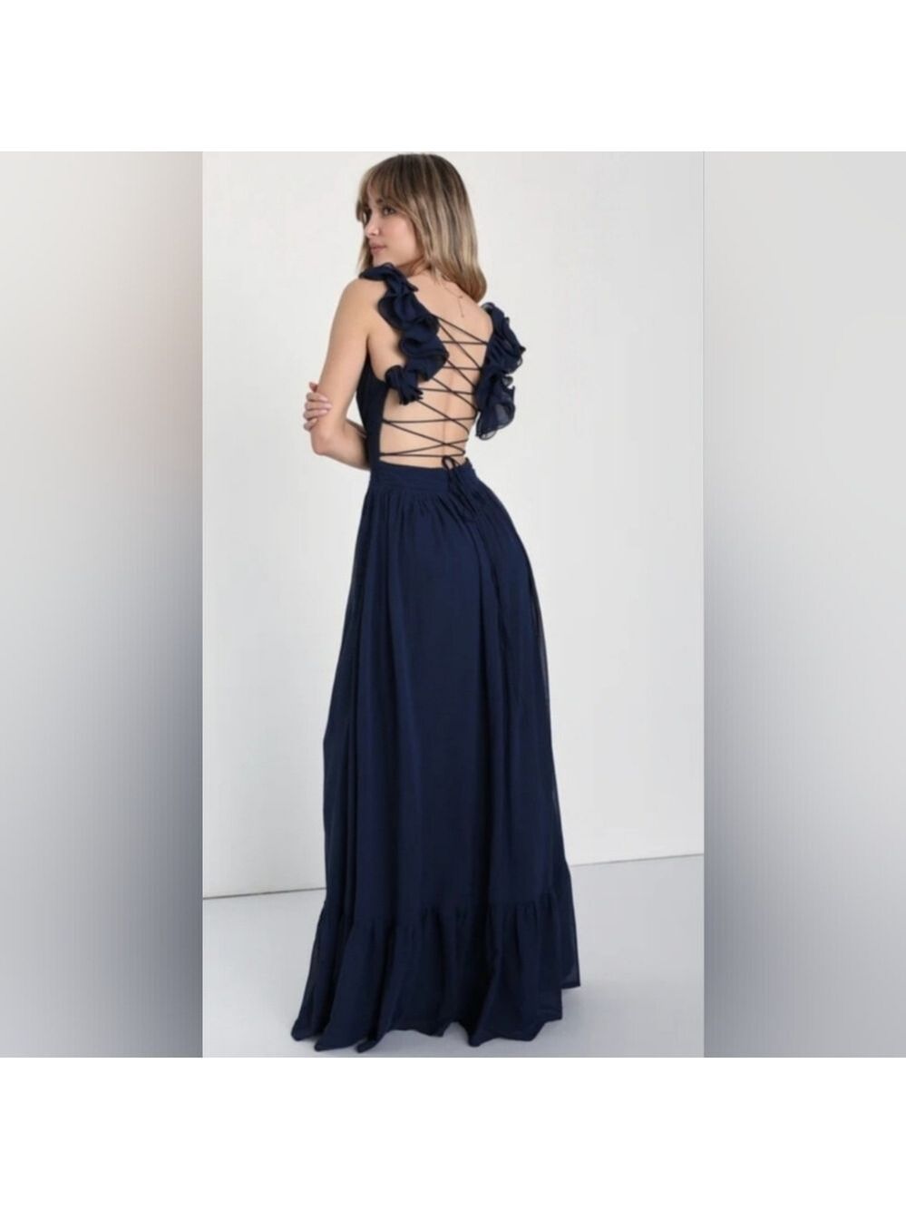 Lulus - Soiree Celebration Navy Blue Ruffled Lace-Up Maxi Dress